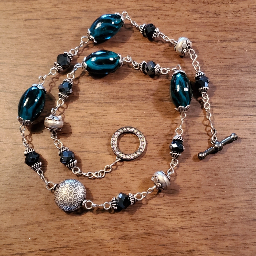 Handmade Teal Lampwork Glass & Silver Plated Statement Necklace - 25"